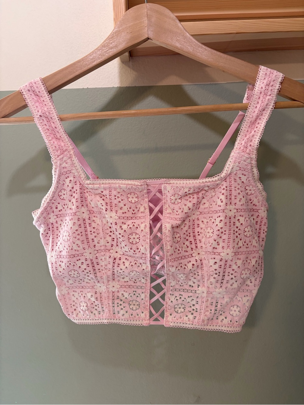 Aerie Lace-Up Pink Eyelet Crop Top